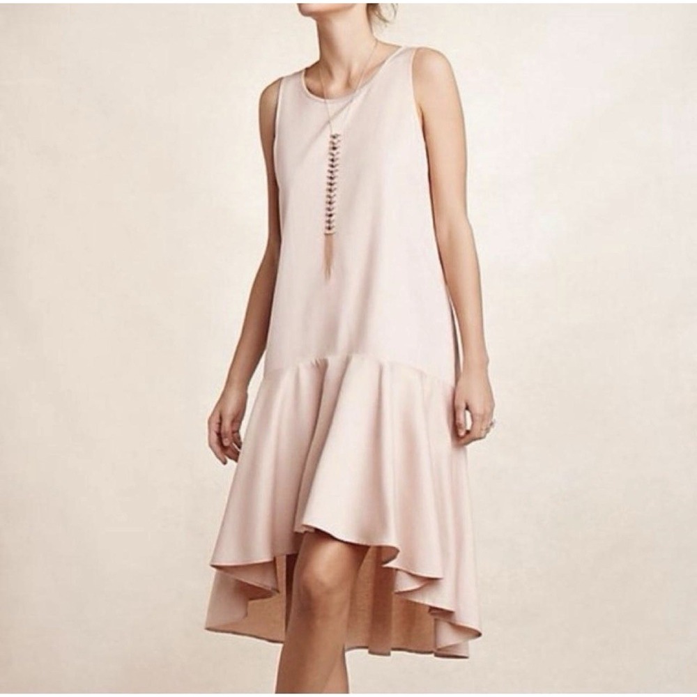 Maeve Anthropologie Camellia Dropwaist High-Low Dress Rose Pink Ruffle Pocket S